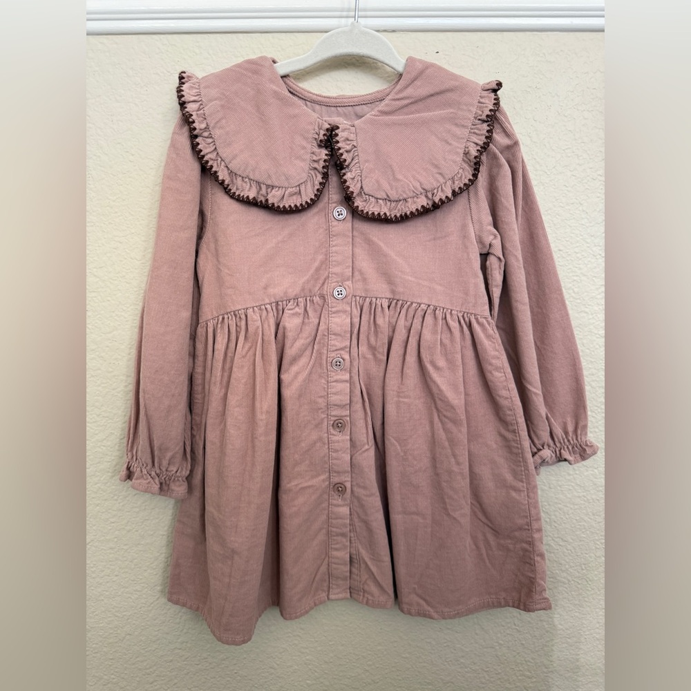 Zara NWT Girls' Dusty Rose Corduroy Long-Sleeve Collard Dress